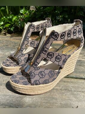 Michael Kors Tan and Black Monogram Espadrille Wedge Sandals